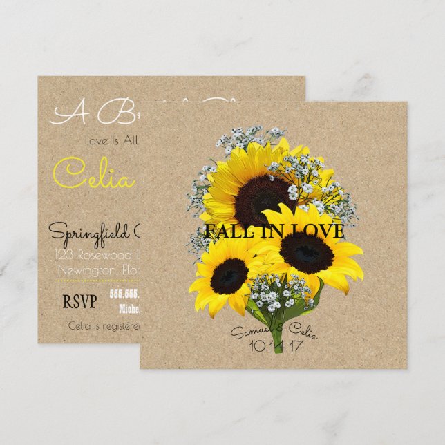 BRIDE & CO Kraft Autumn Bride Sunflower Invitation (Devant / Derrière)