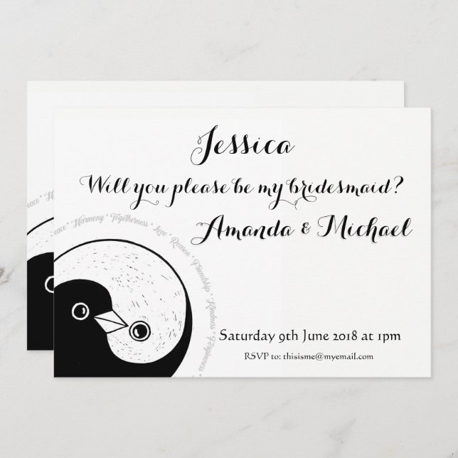 BRIDESMAID INVITATION b/w colombes personnalisable (Devant / Derrière)