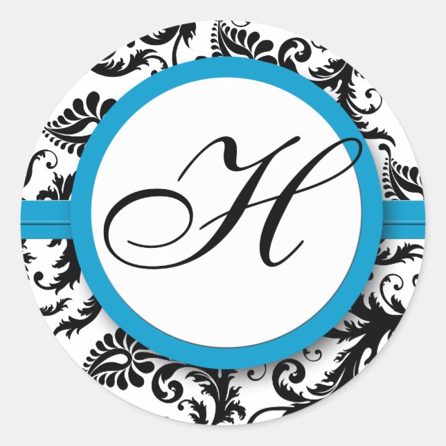 Bright Aqua Damask Monogram Stickers de mariage (Devant)