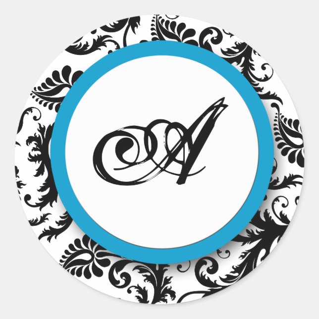 Bright Aqua Damask Monogram Stickers de mariage (Devant)