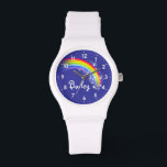 Bright arc-en-ciel bleu nom poignet montre<br><div class="desc">Art graphique en arc-en-ciel coloré que les filles regardent avec un arrière - plan bleu foncé. Personnaliser avec votre nom lit actuellement Bailey.</div>