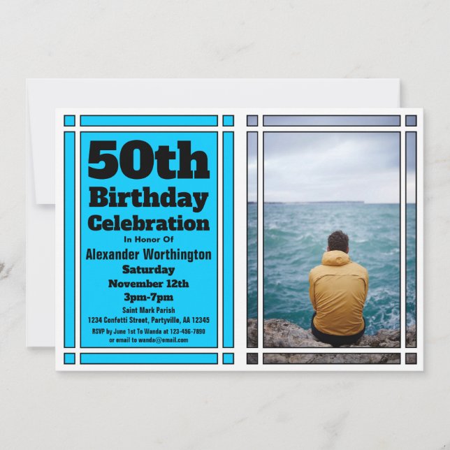 Bright Blue Photo 50th Birthday Party Invitation (Devant)