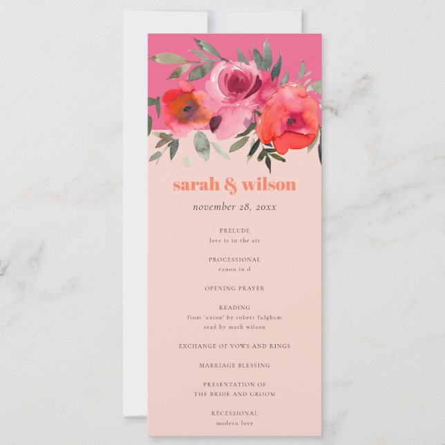 Bright Boho Hot rose Floral Programme de mariage (Devant)