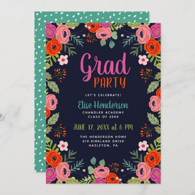 Bright Floral Graduation Party Invitation (Devant / Derrière)