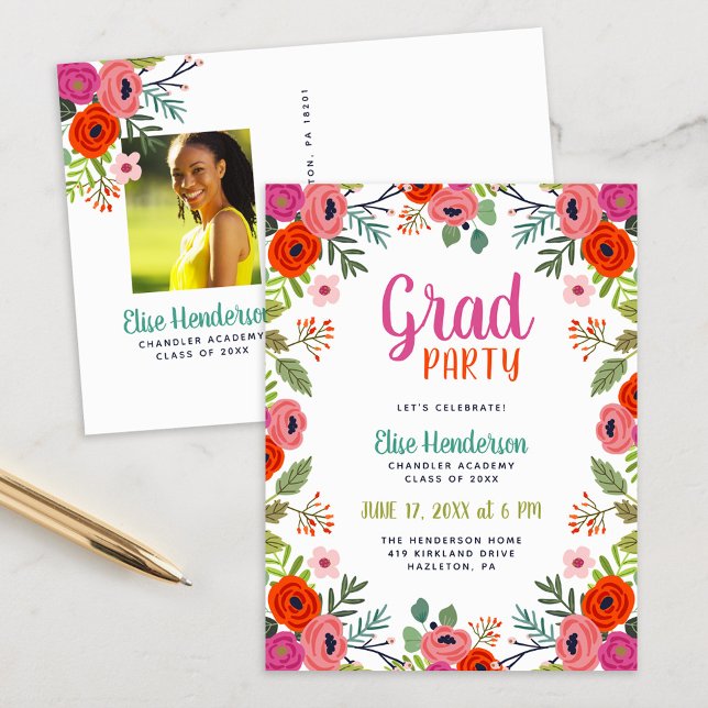 Bright Floral Photo Graduation Party Invitation (Créateur téléchargé)