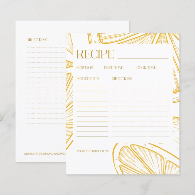 Bright Minimalist Citrus Bridal Shower RECIPE CARD (Devant / Derrière)