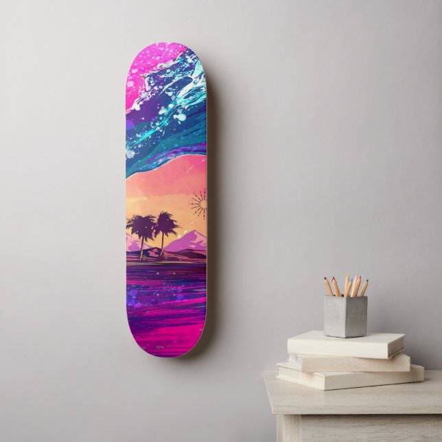 Bright Neon Retro Wave and Palm Trees Skateboard (Art mural)