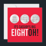 Bright red 80th EIGHTOH! photo invitation d'annive<br><div class="desc">Invitation à 80e anniversaire rouge vif et noir double face. Personnaliser d'invitation de style rétro rouge et noir avec vos propres détails et trois photos de votre fille ou garçon d'anniversaire. Design unique par Sarah Trett.</div>
