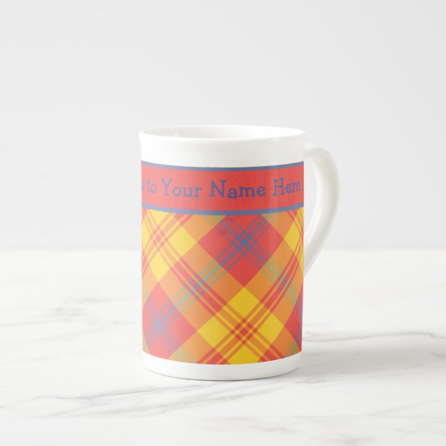 Bright Red Jaune et bleu Plaid Bone Chine Mug (Devant droit)