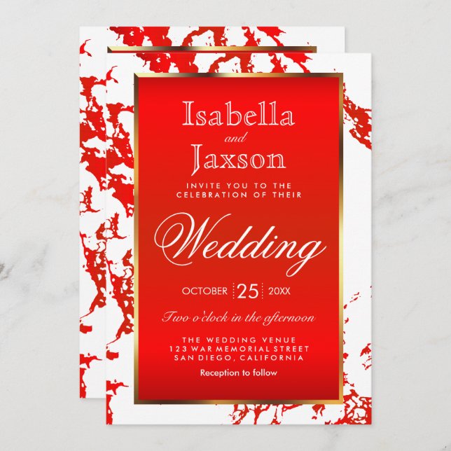 Bright Red Marble, Gold et White Invitation (Devant / Derrière)