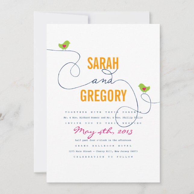 Bright Retro Inséparables mariage Invitations (Devant)