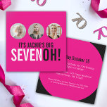 Bright rose 70th SEVENOH! photo invitation d'anniv<br><div class="desc">Bright hot rose et noir double face 70ème anniversaire invitation. Personnaliser d'invitation de style rétro noir et rose chaud avec vos propres détails et trois photos de votre fille d'anniversaire. Design unique par Sarah Trett.</div>