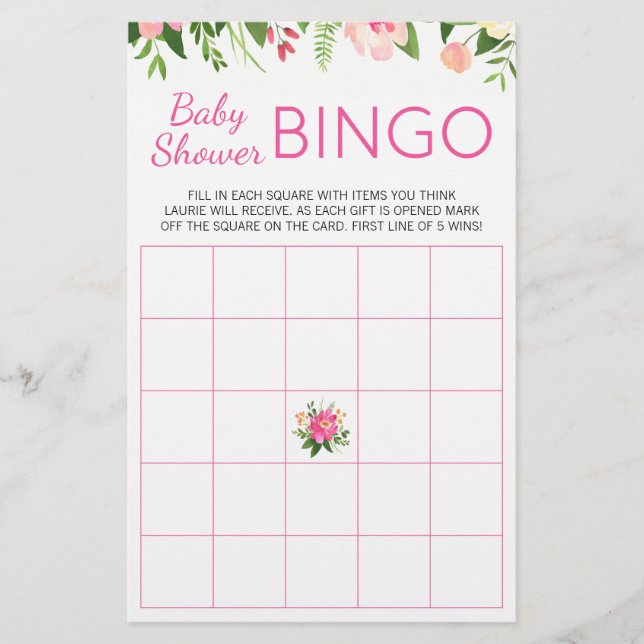 Bright rose Floral Baby shower Jeu de Bingo (Devant)