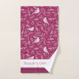 Bright rose Mauve Hiver Blanc Bird Motif Floral