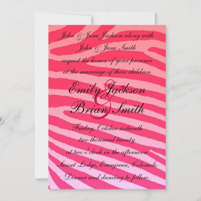 Bright rose neon zebra rayures invitations mariage (Devant)