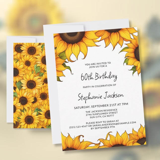 Bright Sunflower Anniversaire de fête Carte d'invi (🌻 Embrace Sunflower Splendor: 60th Birthday Invitations! 🌼)