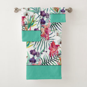 Bright Tropical Floral avec bordure Aqua