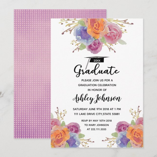 Bright Watercolor Floral Graduation Invitation (Devant / Derrière)
