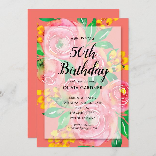 Bright Watercolor Floral Invitations d'anniversair (Devant / Derrière)
