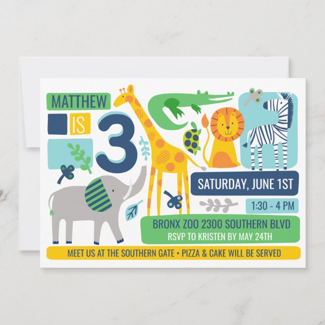 Bright Zoo Jungle Animals Birthday Invitation (Devant)