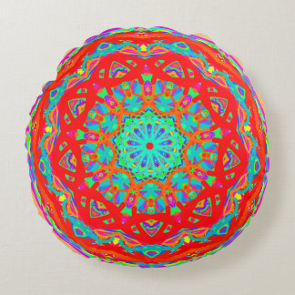 Brilliant Orange Mandala Round Coussin