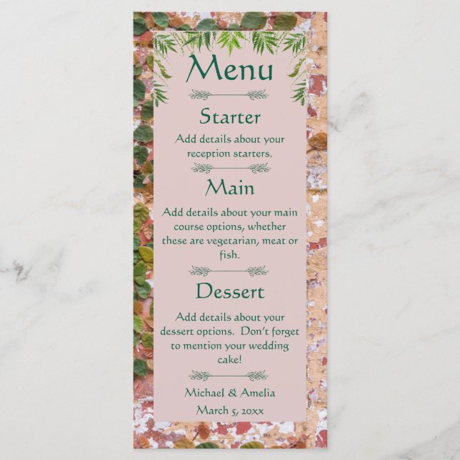 Briques peintes Green Ivy Menu Mariage (Devant)