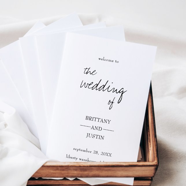 Brittany Élégant Script Plié Mariage Programme (Elegant, folded wedding program with modern,calligraphy script in neutral, black and white.)
