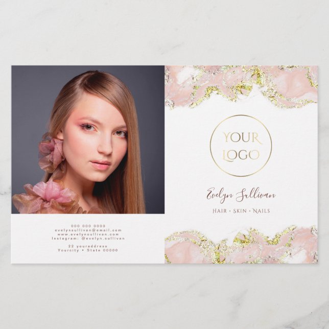 Brochure bidirectionnelle design marbré rose (Devant)