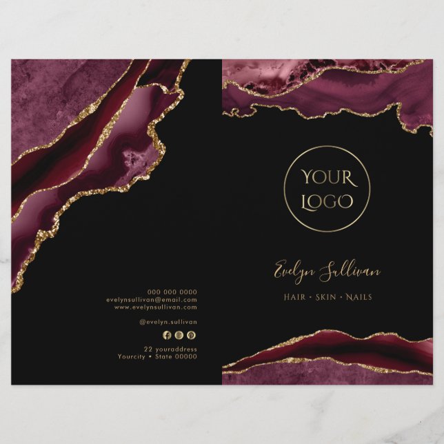 brochure de menu de service d'agate bordeaux et or (Devant)
