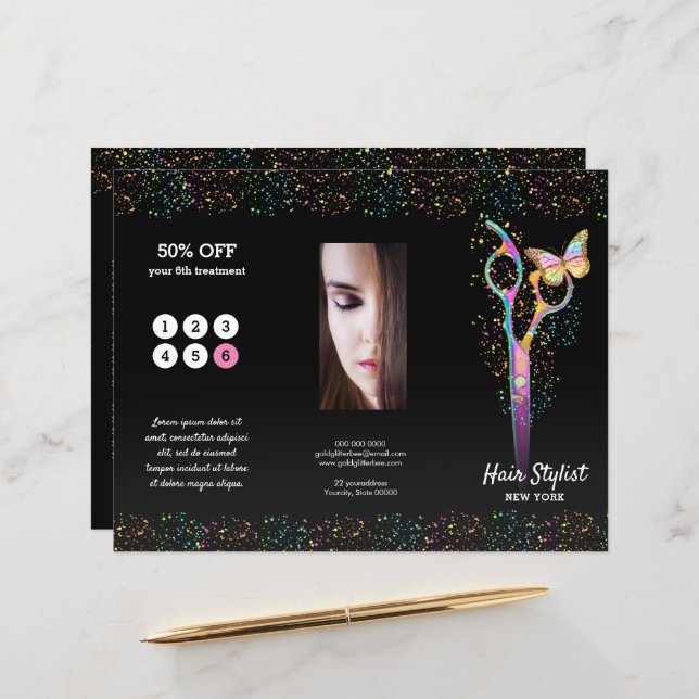 brochure styliste de cheveux faux parties scintill (Devant/Arrière en situation)