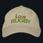 Brodé I Love Rugby Casquette<br><div class="desc">Partagez votre passion pour Rubgy avec ce casquette de rugby de couleur kaki I Love.  Véritable broderie couture en marron et vert.</div>