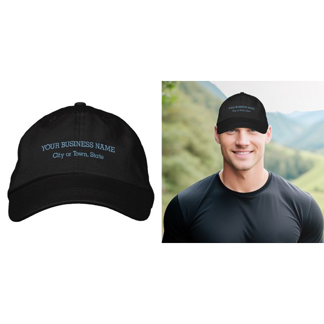 Brodée Texte commercial bleu clair brodé sur le Casquette (Business name and location embroidered on cap in light blue thread)