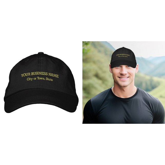 Brodée Texte commercial jaune brodé sur le Casquette (Business name and location embroidered on cap in yellow thread)