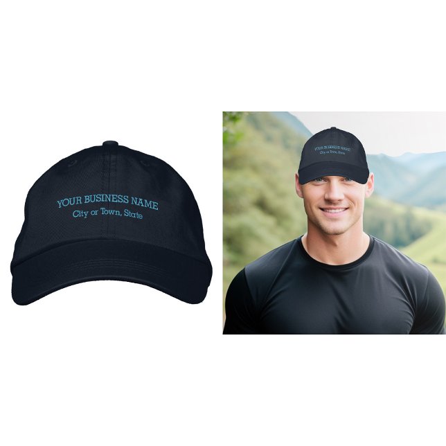 Brodée Texte d'entreprise brodé sur le Casquette de la ma (Business name and location embroidered on navy cap)