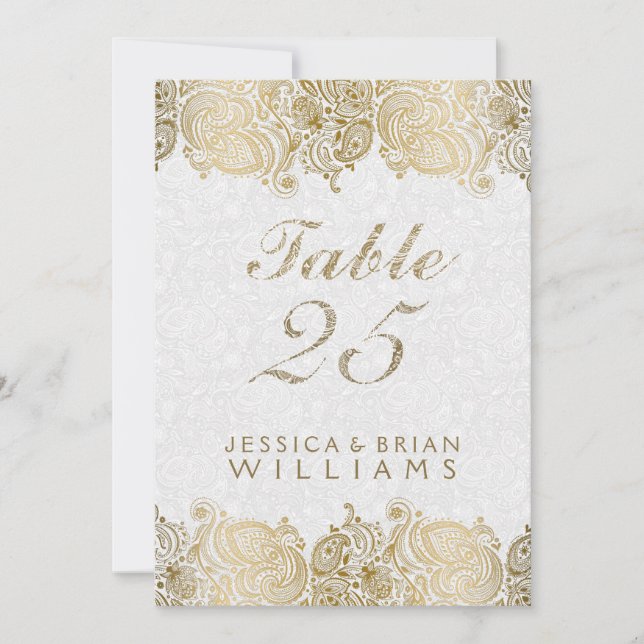 Broderie de Paisley doré sur numéro de table blanc (Devant)