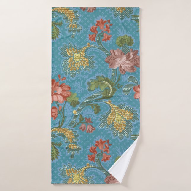 Broderie dorée florale en damas bleu antique (Serviette de bain)