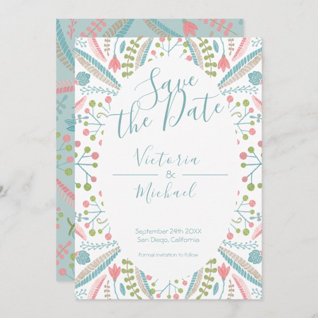 Broderie Floral Enregistrer la date invitations (Devant / Derrière)