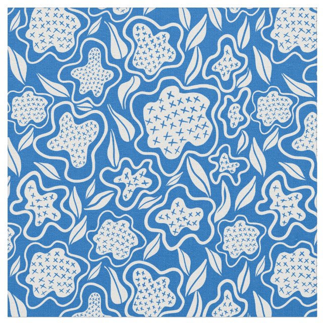 Broderie Florale Bleu Royal et Blanc sur Tissu (Fermer)