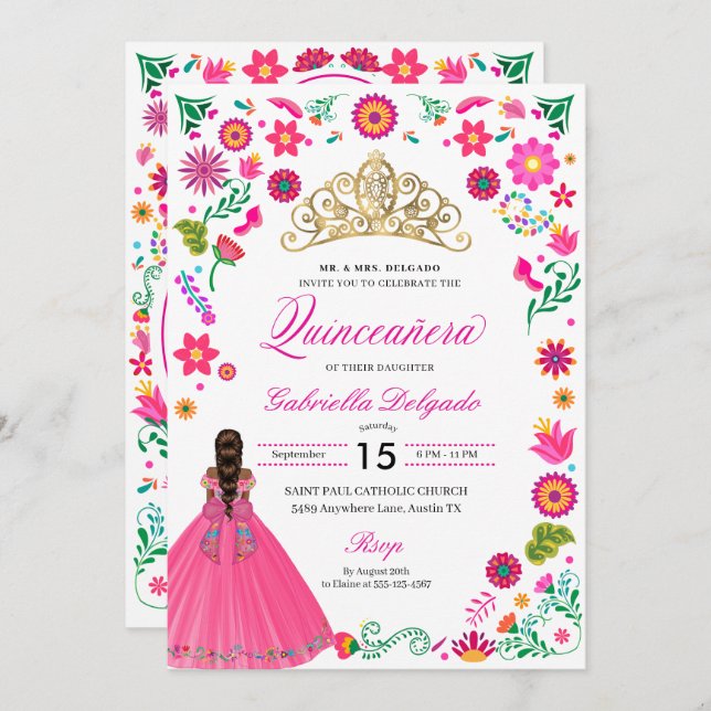 Broderie Otomi Mexicaine Quinceañera Invitation (Devant / Derrière)