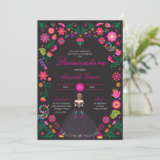 Broderie Otomi Princesse Quinceañera Invitation (Debout devant)