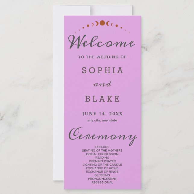 Bronze Moon Phases Plum Purple Wedding Programme (Devant)