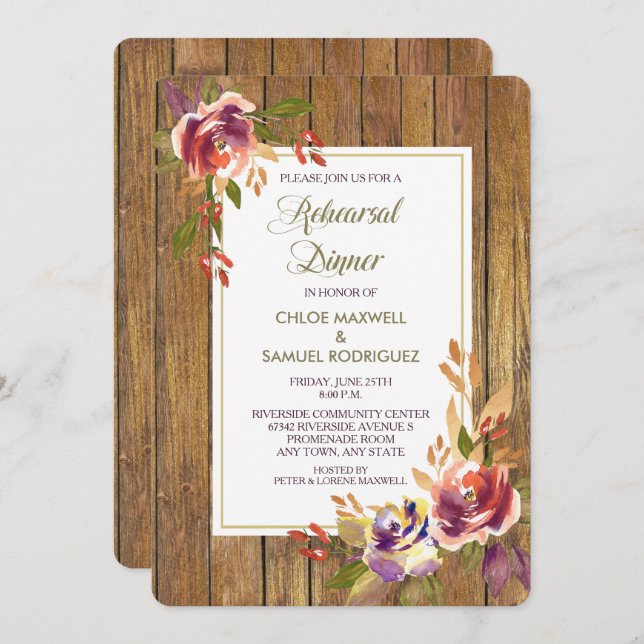 Bronze Rose Bois Floral Mariage Dîner Invitation (Devant / Derrière)