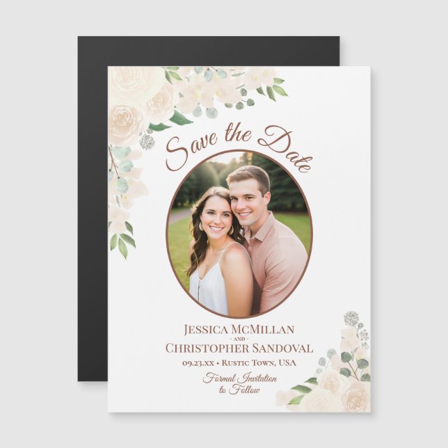 Brosse florale Enregistrer la date Oval Photo Magn (Devant / Derrière)