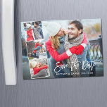 Brosse Moderne Script 4 Photo Magnétique Enregistr<br><div class="desc">Script De Brosse Moderne Enregistrer La Date Fiançailles Couple 4 Photo Magnet Card - Script Blanc</div>
