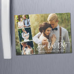 Brosse moderne Script 4 Photo Magnétique Enregistr<br><div class="desc">Script de Brush moderne Enregistrer notre date Fiançailles Couple 4 Photo Magnet Card - Script blanc</div>