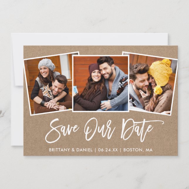 Brosse Script 3 Photo Sauvegarder Notre Date Carte (Devant)