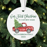 Brosse verte Script Premier Noël Nouveau Camion à<br><div class="desc">Modern Brush Script Our First Christmas in our New Home Ornament,  y compris les Watercolor Vintage Red Truck with Christmas Tree - Forest Green Script</div>