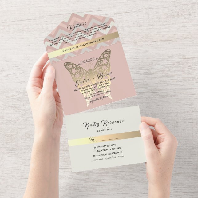 Brousse rose or Butterfly Wedding Invitation (Déchirure)