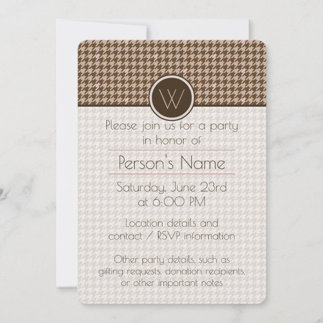 Brown avec Rose Gold Houndstooth Party Invitation (Devant)