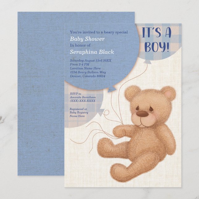 Brown Blue Boys Teddy Bear Baby shower Invitation (Devant / Derrière)